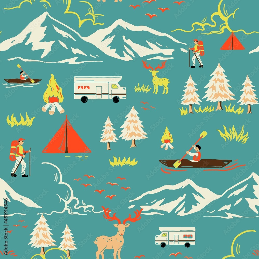 带旅游卡通插图的绿色露营旅行模式矢量