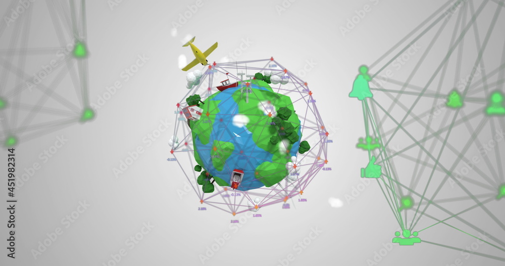 树木生长、飞机飞行的全球连接图标网络
