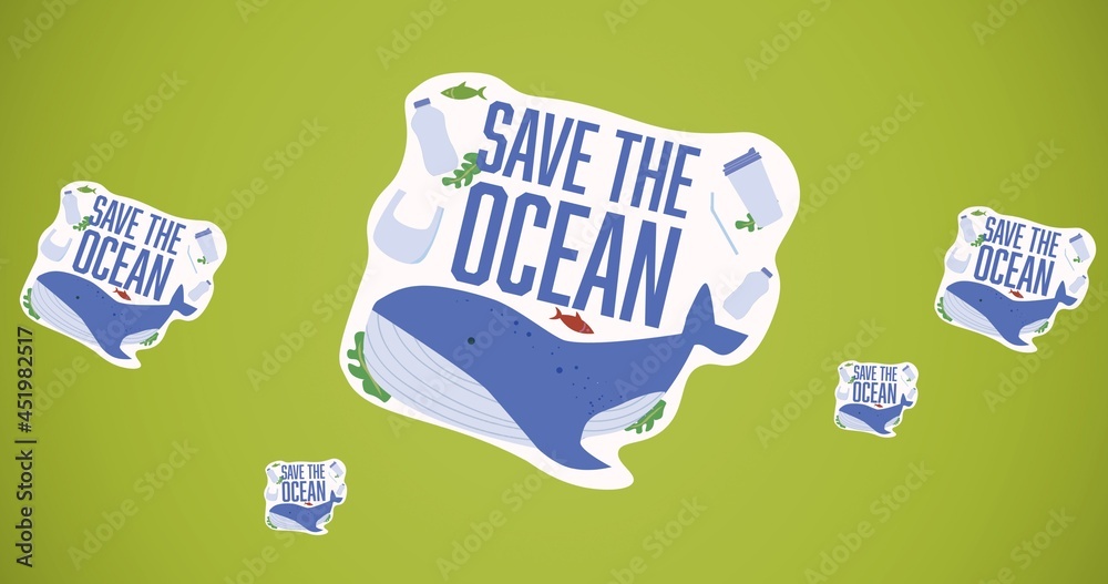 绿色背景上带有鲸鱼和塑料标志的拯救海洋文本的组成