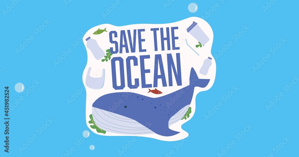 蓝色背景上带气泡的鲸鱼标志的拯救海洋文本的组成