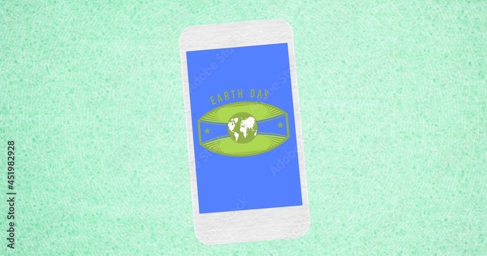 地球日文本和地球仪标志在蓝色智能手机屏幕上的合成，浅绿色背景