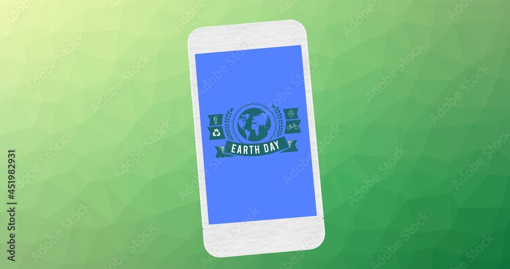 蓝色智能手机屏幕上的地球日文本和地球标志的组成，绿色背景