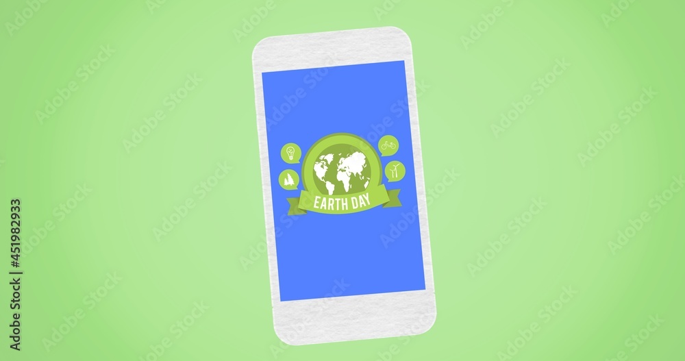 地球日文本和地球仪标志在蓝色智能手机屏幕上的合成，浅绿色背景