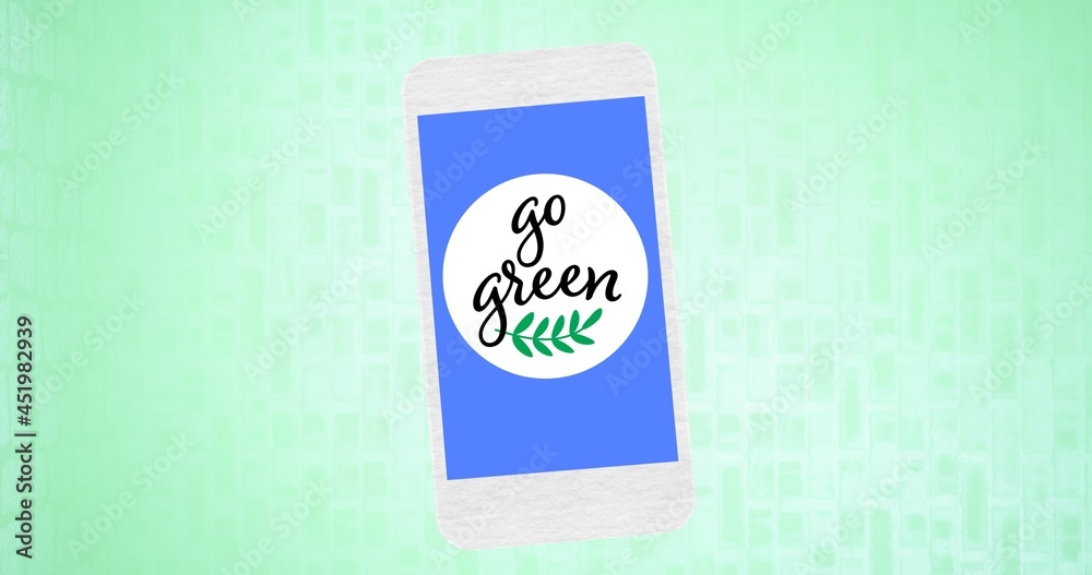 淡绿色背景下，蓝色智能手机屏幕上的绿色文本和叶子标志的组成