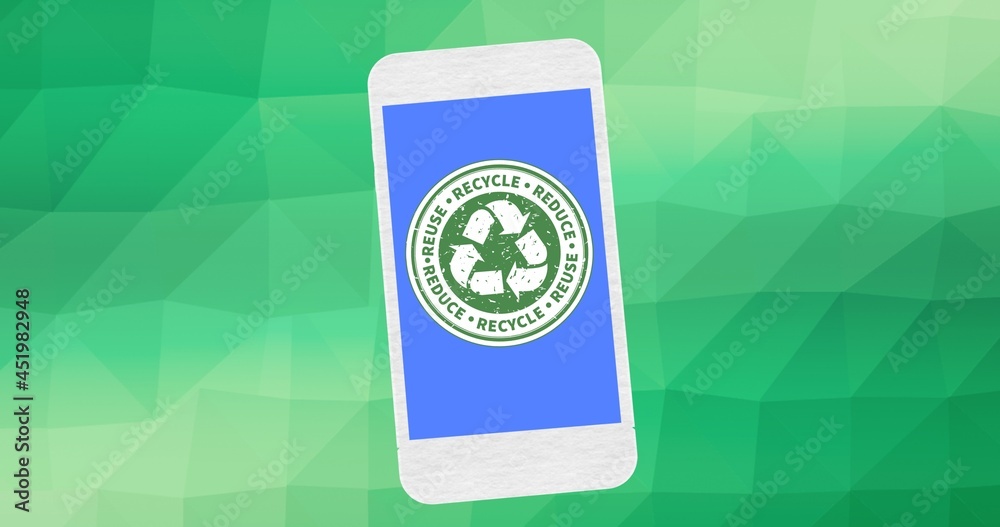 蓝色智能手机屏幕上的回收文本和徽标的组成，绿色纹理之上