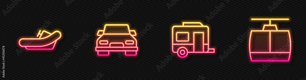 设置线路Rv露营拖车，漂流船，汽车和缆车。发光的霓虹灯图标。矢量