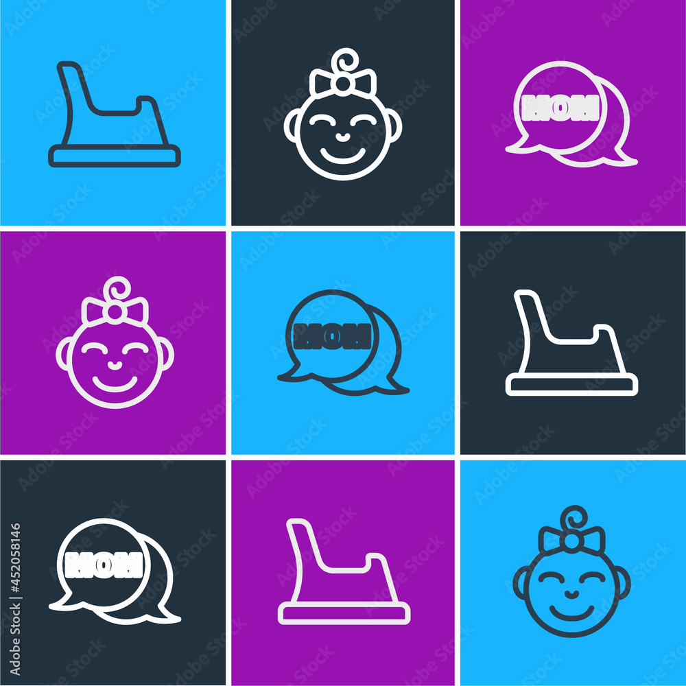 Set line Baby potty, Speech bubble mom and Little girl head icon. Vector
