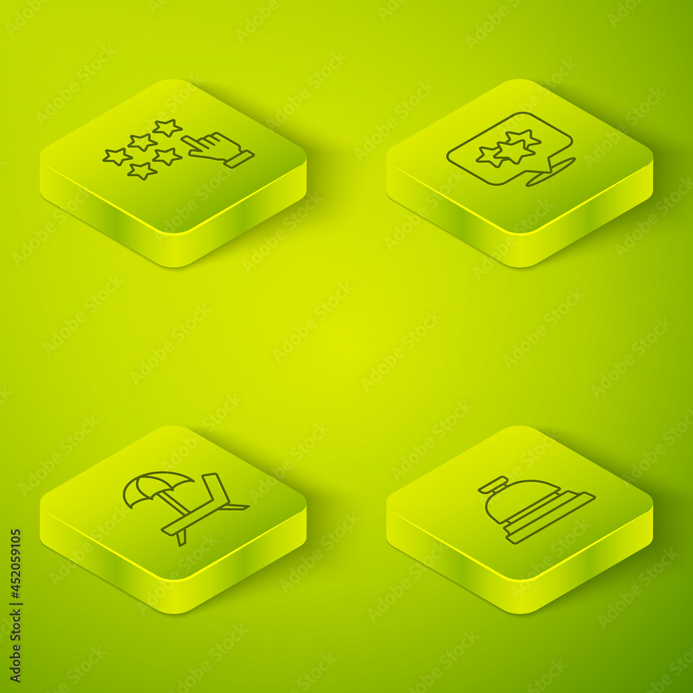 Set Isometric line Stars rating, Sunbed with umbrella, Hotel service bell and icon. Vector