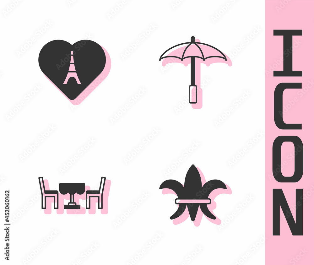 Set Fleur De Lys, Eiffel tower with heart, French cafe and Umbrella for beach icon. Vector