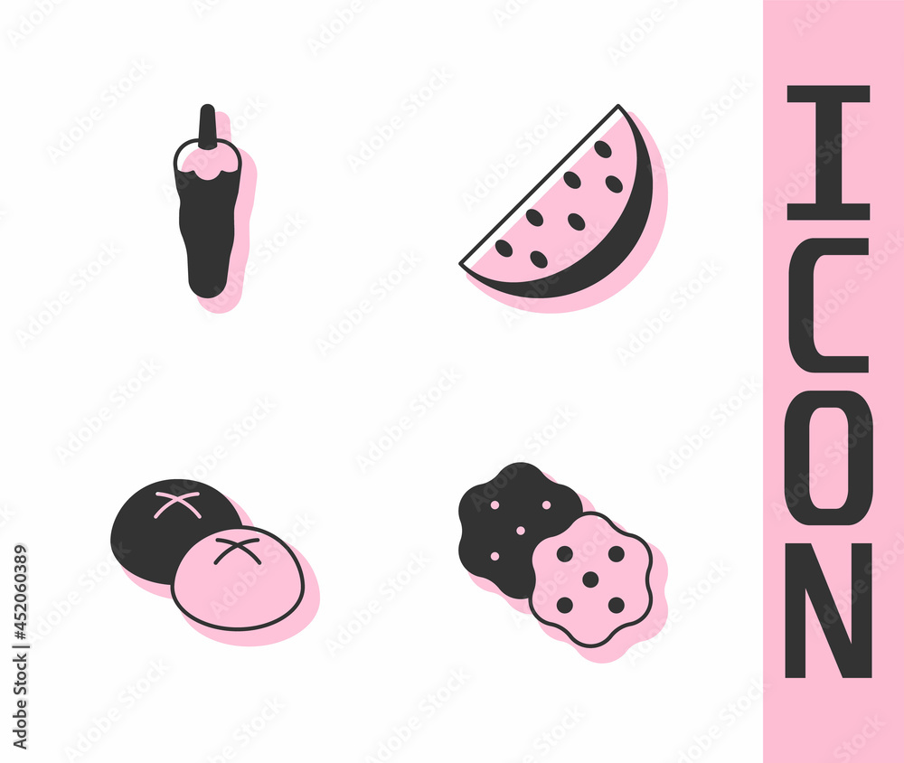 Set Cracker biscuit, Hot chili pepper, Bread loaf and Watermelon icon. Vector