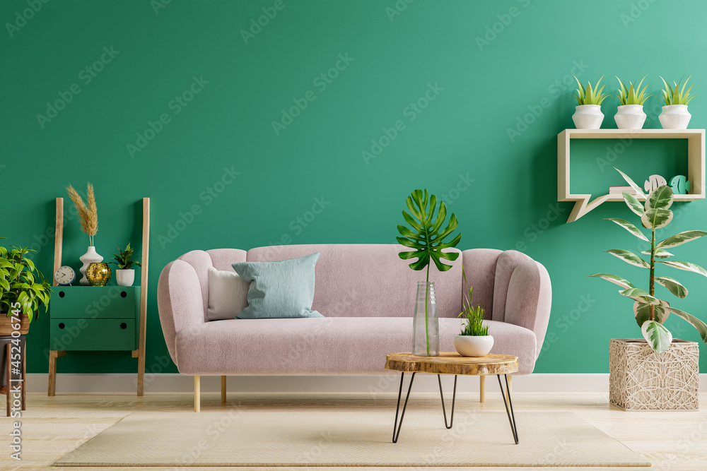 Green interior in modern interior of living room style with soft sofa and green wall.