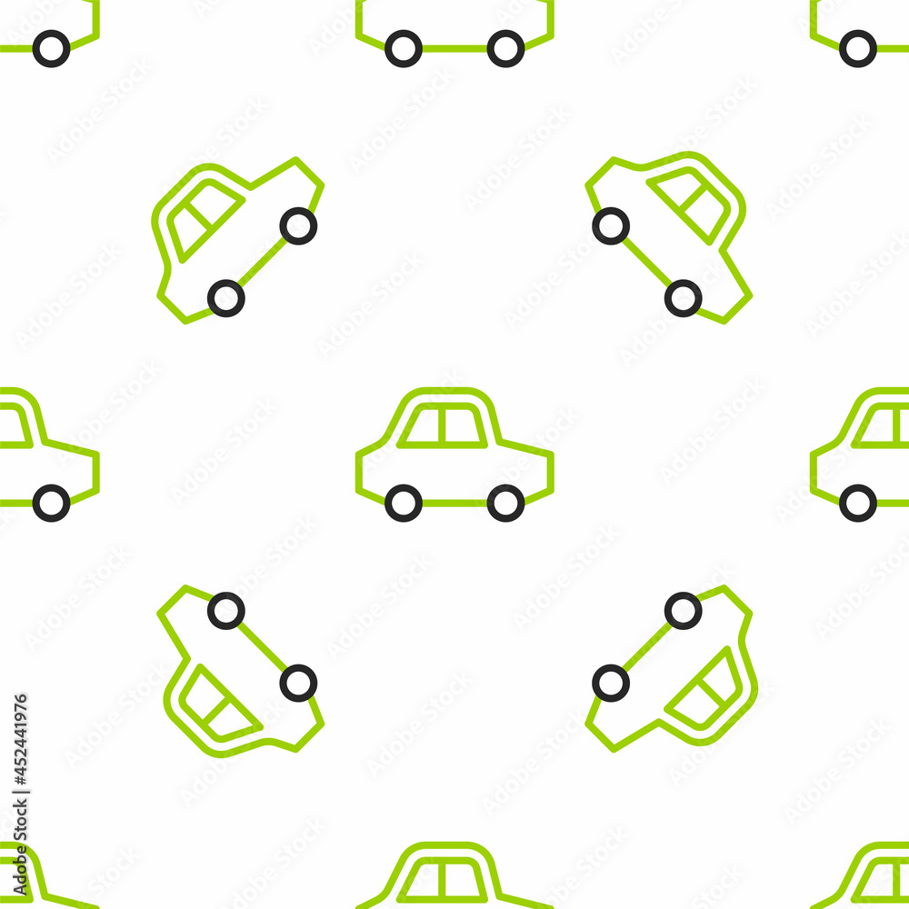 Line Toy car icon isolated seamless pattern on white background. Vector