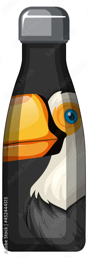 A black thermos bottle with toucan bird pattern