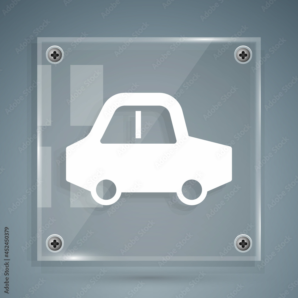 灰色背景上隔离的白色玩具车图标。方形玻璃面板。矢量