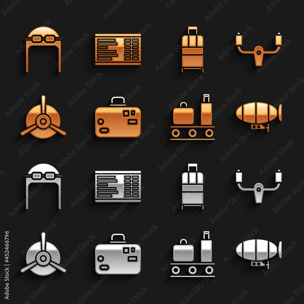 Set Suitcase, Aircraft steering helm, Airship, Airport conveyor belt with suitcase, Plane propeller,