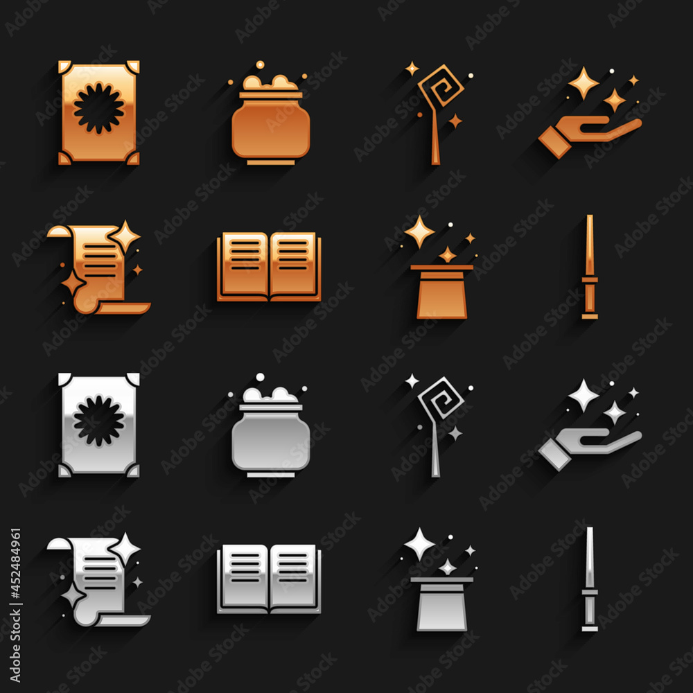 Set Ancient magic book, Sparkle stars with trick, Magic wand, hat, staff, and Witch cauldron icon. V