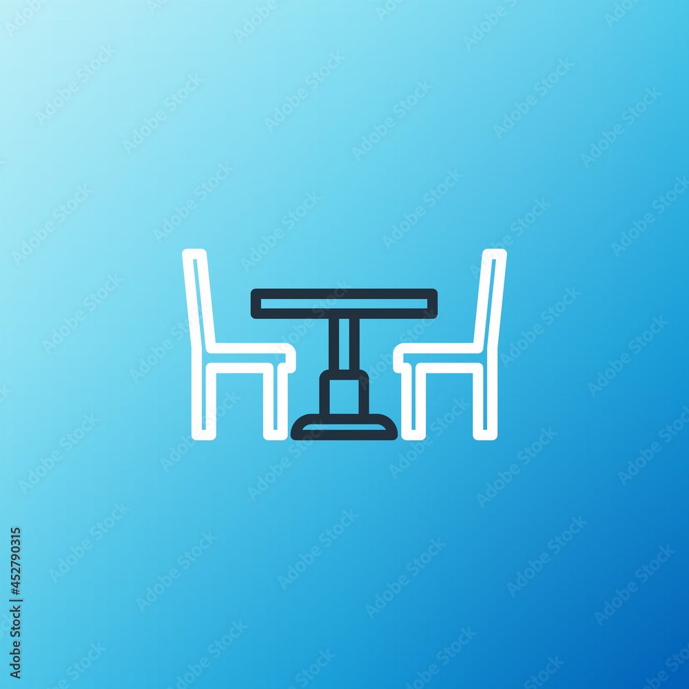 蓝色背景上隔离的带椅子图标的线条木桌。彩色轮廓概念。矢量