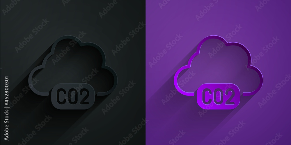紫色背景下黑色隔离的云图标中的剪纸二氧化碳排放量。二氧化碳公式