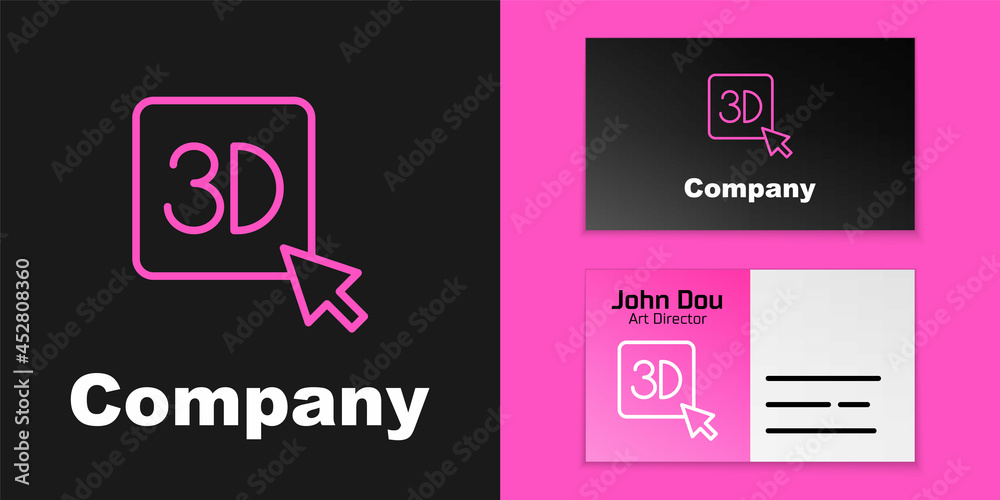 粉红色线条3D打印机图标隔离在黑色背景上。3D打印。徽标设计模板元素.V