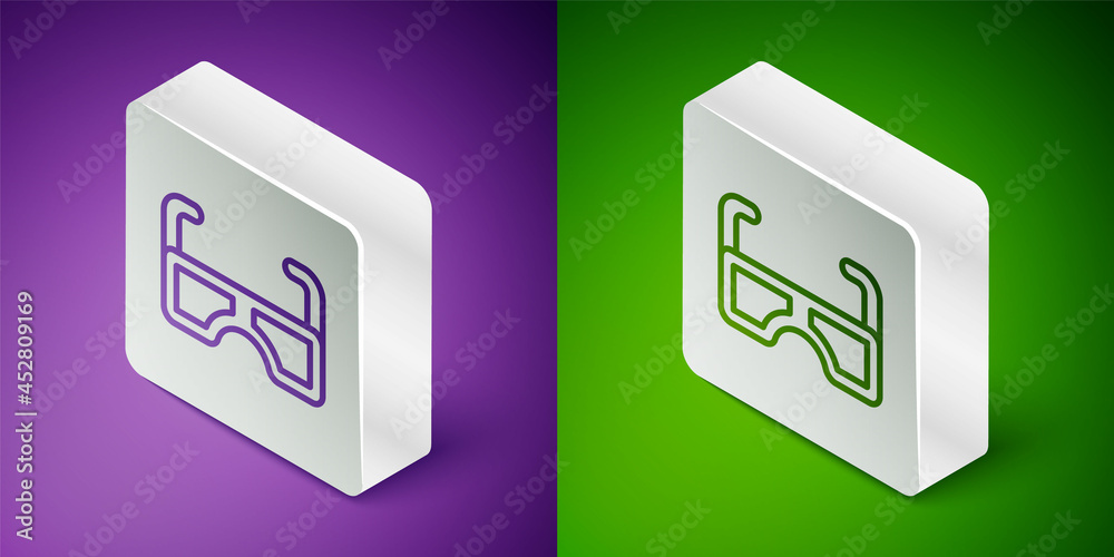 等距线眼镜图标隔离在紫色和绿色背景上。眼镜框符号。银色s