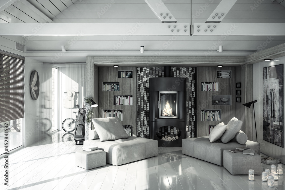 别墅内部壁炉处的坐式小组室内设计-黑白3D可视化