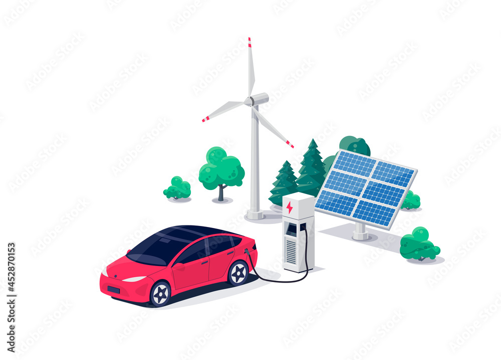 电动汽车在停车场区域充电，带有快速增压器站失速。车辆使用可再生能源