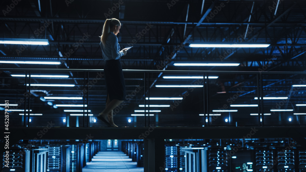 女IT专家在数据中心使用平板电脑，走在桥上俯瞰巨人