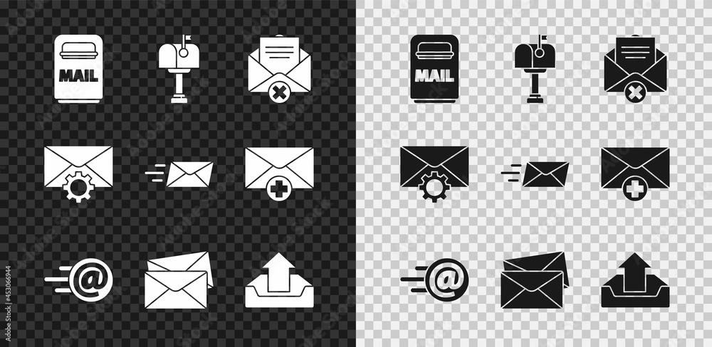 设置邮箱，删除信封和电子邮件，信封，上传收件箱，设置和快递图标。矢量