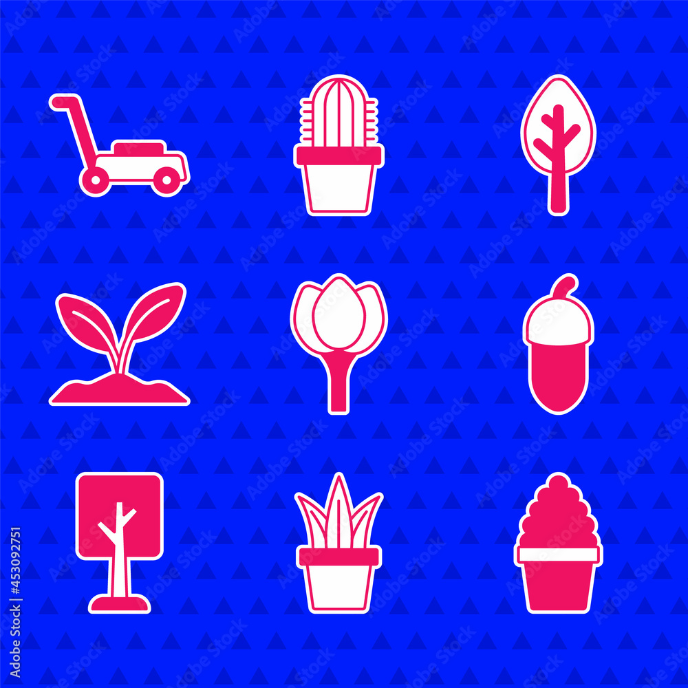 Set Flower tulip, Plant in pot, Cactus peyote, Acorn, Forest, Sprout, and Lawn mower icon. Vector