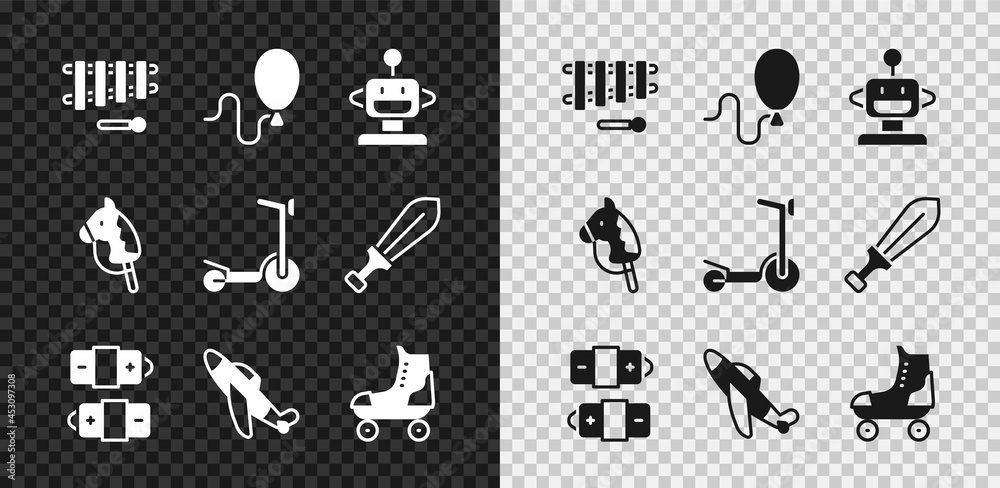 Set Xylophone, Balloons, Robot toy, Battery, Toy plane, Roller skate, horse and scooter icon. Vector