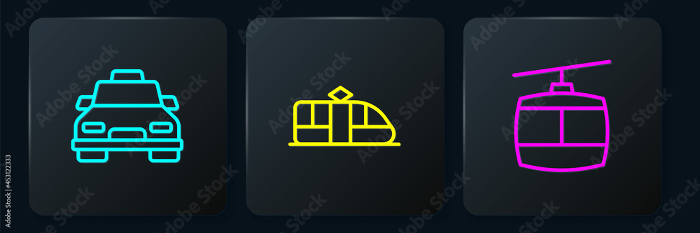 Set line Taxi car, Cable and Tram and railway. Black square button. Vector