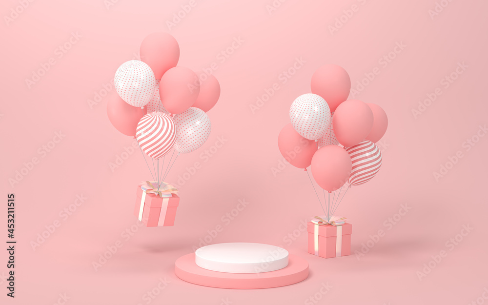 粉红色背景的气球和呈现，三维渲染。