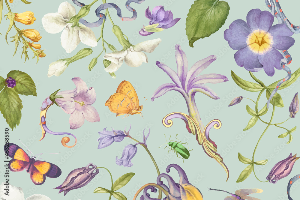 Beautiful purple floral pattern on green background, remixed from artworks by Pierre-Joseph Redouté