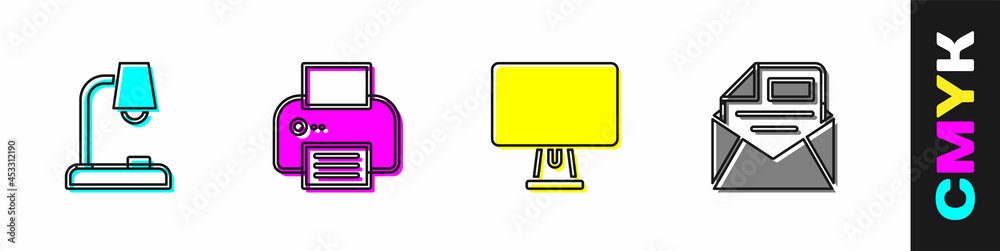 Set Table lamp, Printer, Computer monitor and Mail and e-mail icon. Vector