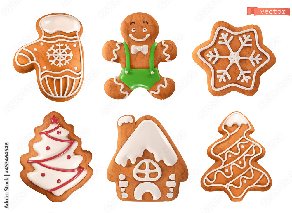 圣诞姜饼饼干。米腾，人，雪花，树，房子。三维逼真矢量图标集