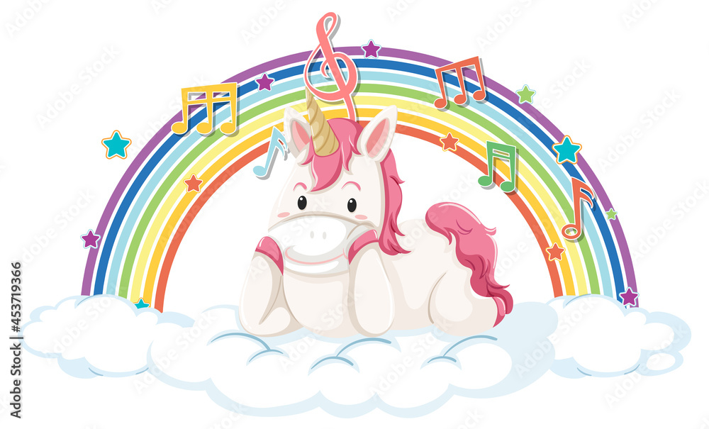 独角兽躺在云端，带着彩虹和旋律符号
