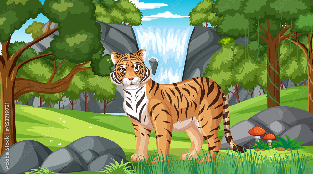森林或热带雨林中有很多树的老虎