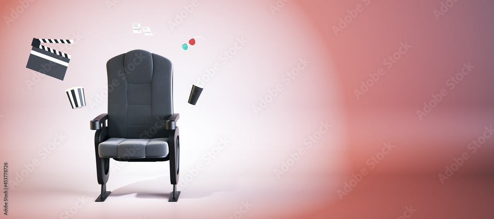 创意电影院扶手椅，粉色靠背上散落着爆米花、饮料和其他物品