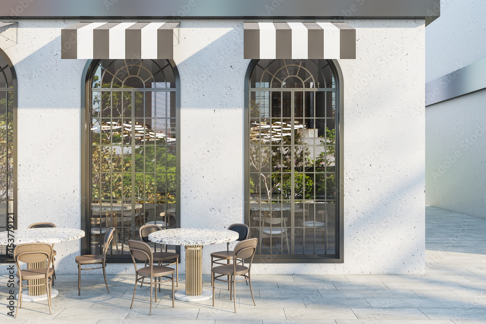 明亮的混凝土咖啡馆外部，日光下配有露台家具。3D渲染。
