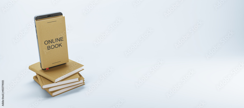 带智能手机的创意电子书概念图，白色背景上堆叠的书籍，带实物模型pla