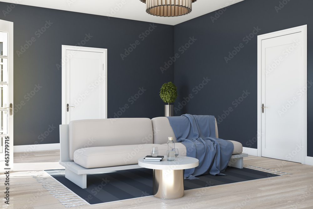 宽敞的蓝色客厅内部配有家具、木地板、带枕头的沙发、阳台门等