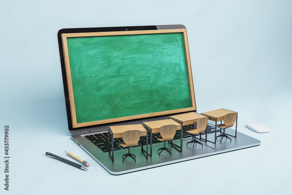 抽象笔记本黑板屏幕课堂，背景为浅色。在线教育，研讨会，工作坊