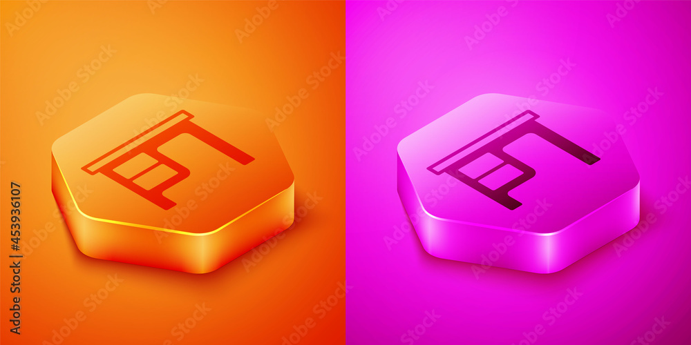 等距办公桌图标隔离在橙色和粉色背景上。六边形按钮。矢量