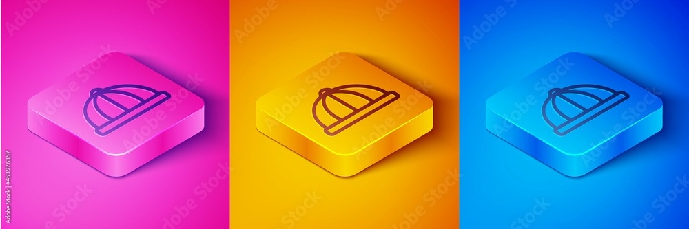 Isometric line Baby hat icon isolated on pink and orange, blue background. Square button. Vector