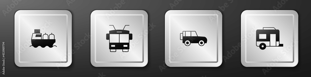 设置油轮、Trolleybus、越野车和Rv露营拖车图标。银色方形按钮。Vec