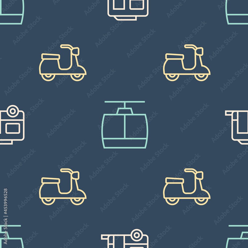 Set line Rv Camping trailer, Scooter and Cable car on seamless pattern. Vector