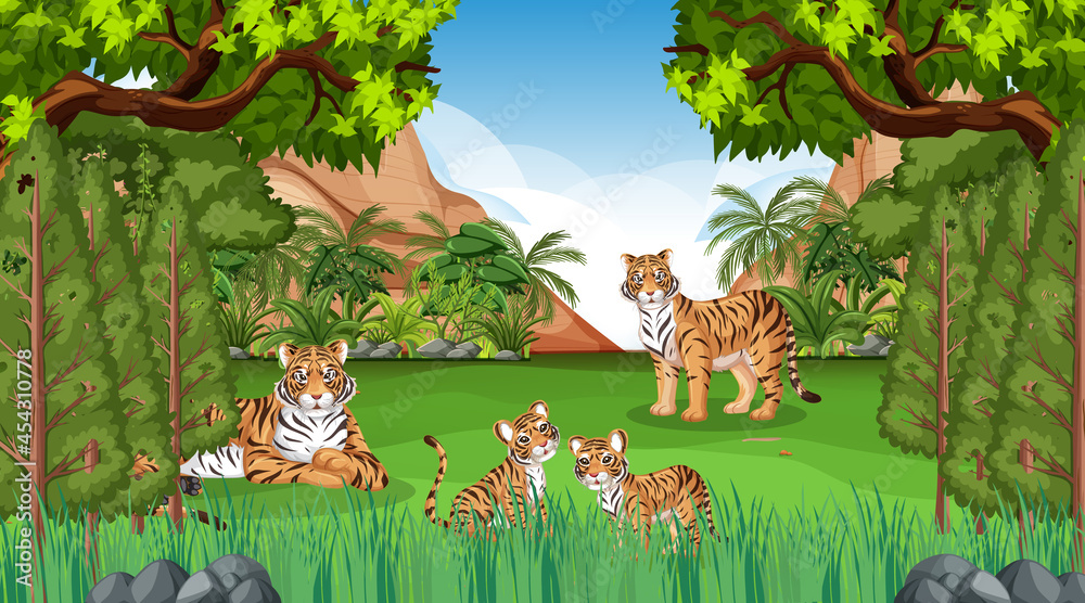 森林或雨林中树木众多的老虎家族