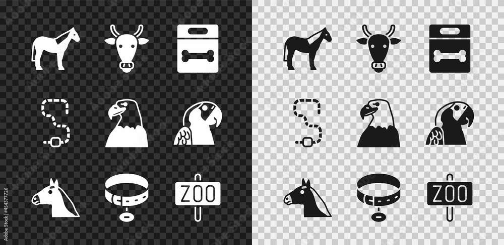 Set Horse, Cow head, Dog bone, Collar with name tag, Zoo park, Worm and Eagle icon. Vector