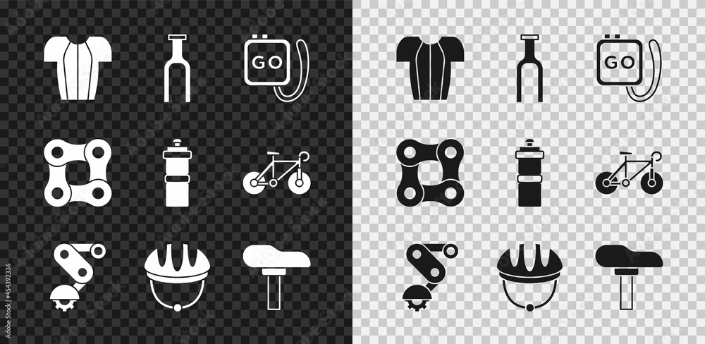 套装骑行t恤、自行车叉、秒表、Deraileur自行车后部、头盔、座椅、链条和运动