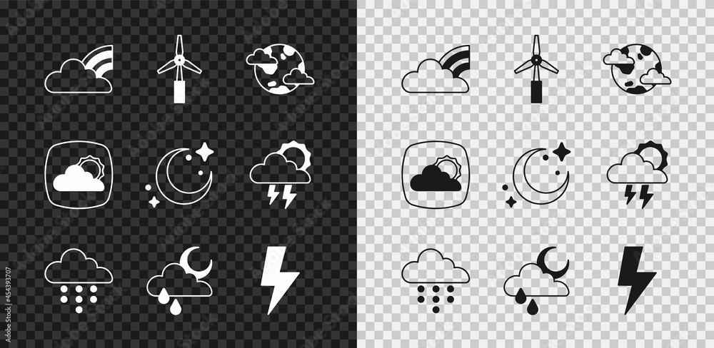 设置带云的彩虹，风力涡轮机，地球行星，云雨和月亮，闪电，天气f